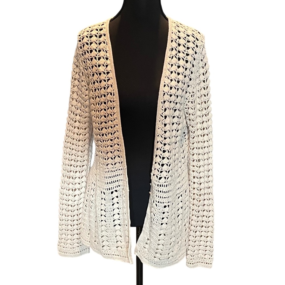 Hand Crocheted Linen Cotton Cardigan Beige Open Knit Sweater L Granola Girl Boho